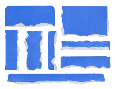 Blue paper torn pieces arranged in various shapes and sizes