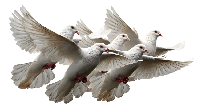 Group of white doves flying in formation, transparent PNG style, isolated on white background