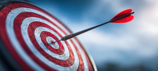 Close-up of an arrow hitting a red and white target with a blurred blue sky background