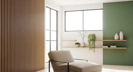 Stylish Lounge Area with Beige Chaise, Wooden Slat Wall, Green Accent Wall, Floating Shelves, and Large Windows