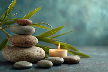 Stacked stones and a lit candle on a textured blue surface, accented with leafy green sprigs, create a tranquil, spa-like ambiance