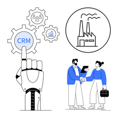 Robotic hand interacting with CRM, connecting analytics, teamwork, and industrial processes. Professionals handshake symbolizing collaboration and teamwork. Ideal for innovation, tech, CRM, AI