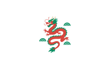 Fototapeta premium Red and Green Chinese Dragon with Cloud Accents on White Background: Symbolizing Power, Wisdom, and Good Fortune, in a Clean, Modern Style