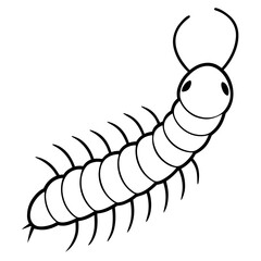 Simple black and white cartoon illustration of a friendly centipede silhouette with many legs and antennae
