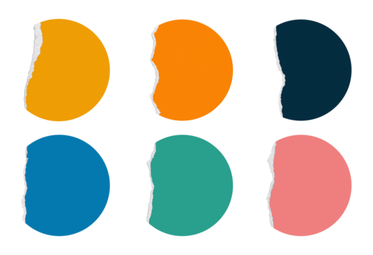 Colorful circular shapes with bite marks displayed in a grid layout