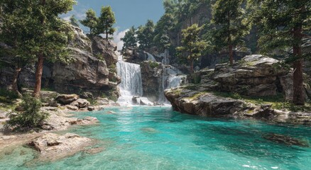 Lush waterfall cascading into a crystal-clear pool