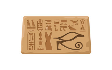 Ancient Egyptian Hieroglyphs on Stone Tablet: The Eye of Horus and Other Symbols, Depicting an Ancient Language and Historical Significance