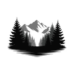 Fototapeta premium Serene Forest Mountain Silhouette Illustration with Evergreen Trees and Grassy Ground