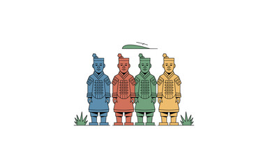 Terracotta Army Illustration: Colorful Line Art Depicting Ancient Chinese Warriors, Symbolizing History, Culture, and Archaeological Significance, Perfect for Educational or Design Purposes
