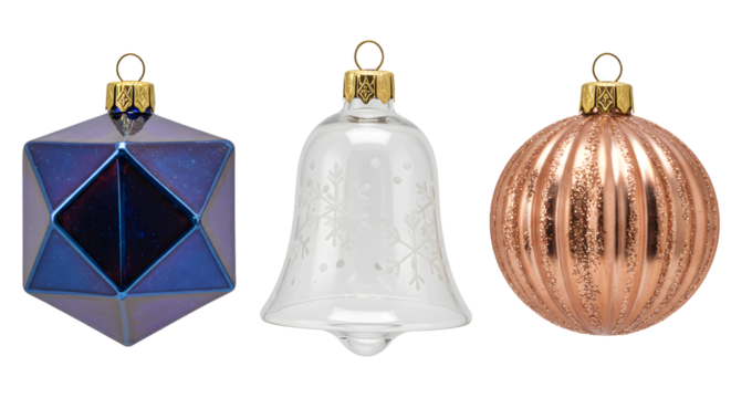 Blue geometric, white bell, and rose gold striped Christmas tree ornaments perfect for holiday decorations and festive celebrations - Powered by Adobe