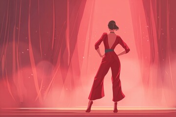 Woman in Red Outfit Posing Dramatically on Stage with Spotlight