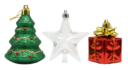 Christmas tree ornament, star topper, and red gift box with gold bow, festive holiday decoration set perfect for Christmas celebrations