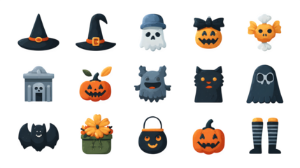 Halloween costume icons set with spooky flat festive graphics, isolated on white background