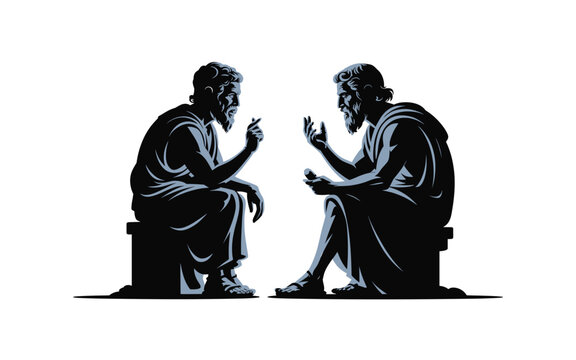 Ancient Greek Philosophers Discussing Ideas, Silhouette Illustration. Depicting Dialogue, Philosophy, Intellectual Discussion, and Classical Thought with Visuals of Wisdom, Debate, and Historical Sign