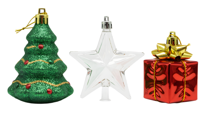 Christmas tree ornament, star topper, and red gift box with gold bow, festive holiday decoration set perfect for Christmas celebrations