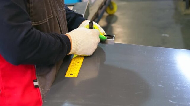 Metalworker using scriber and ruler to mark lines on metal sheet