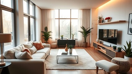 Modern living room with minimalist decor and warm lighting, creating a cozy and inviting home atmosphere.