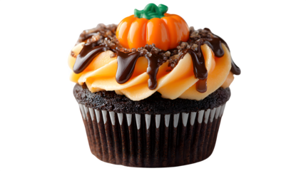 Halloween cupcake with pumpkin topping, orange frosting, and chocolate drizzle, isolated on white background