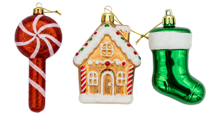 Christmas tree ornaments set with candy cane, gingerbread house, and green stocking decorations, perfect for holiday decorating