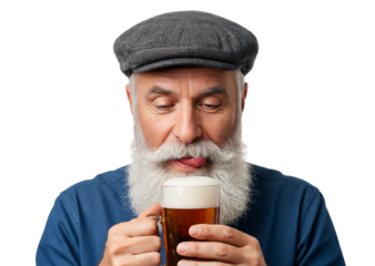 Older bearded man eagerly anticipates craft beer while holding frothy pint with sparkling eyes