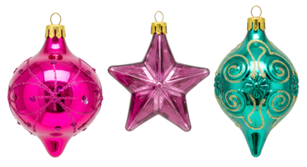 Colorful pink and turquoise vintage glass Christmas ornaments with gold caps on white background, perfect for holiday decoration and festive themes