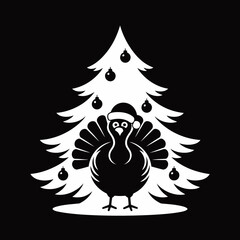 Vector art of turkey wearing santa hat in front of christmas tree on, a festive and fun image for holiday greetings and celebrations