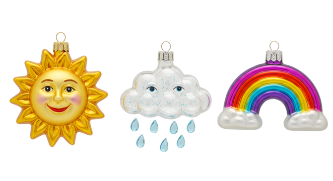 Colorful sun, rainy cloud, and rainbow glass Christmas ornaments isolated on white background, perfect for festive holiday decorations - Powered by Adobe