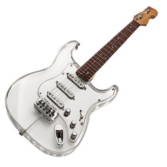 A transparent acrylic electric guitar with a wooden neck is isolated against a pure transparent background for easy design use. © vectorargrap