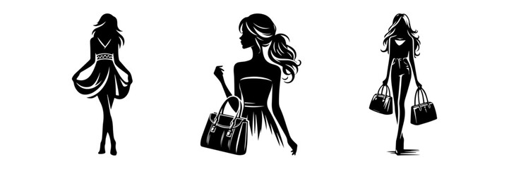 Modern Minimalist Woman Holding Handbag Icon, Flat Silhouette of a Fashion Figure Vector for Lifestyle Illustration Design