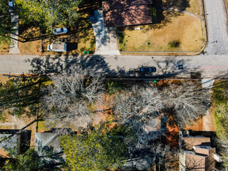 Aerial top down in during winter of residential area neighborhood view in Decatur Atlanta