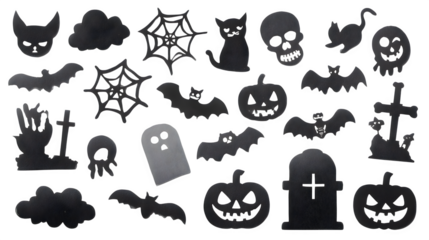Halloween cut-out theme icons arranged for festive design, isolated on white background