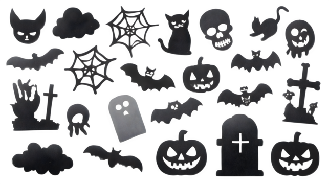 Halloween cut-out theme icons arranged for festive design, isolated on white background