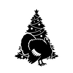 Vector art of turkey standing in front of a christmas tree, celebrating the holidays with festive cheer and seasonal spirit