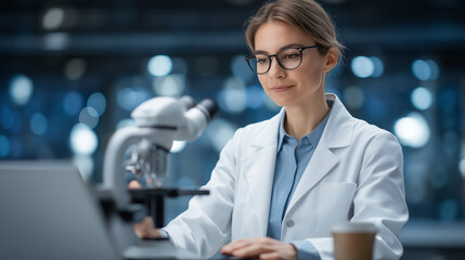 Exoplanet Observation Lab: An astronomer analyzing exoplanet data on a computer with a telescope model a coffee cup and a starry lab backdrop. high quality photo ultra high