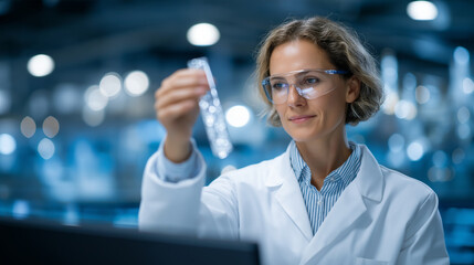 Rocket Fuel Innovation: A chemist analyzing fuel samples in a lab with a test tube a computer and a cleanroom with rocket diagrams. high quality photo ultra high detail 8K res