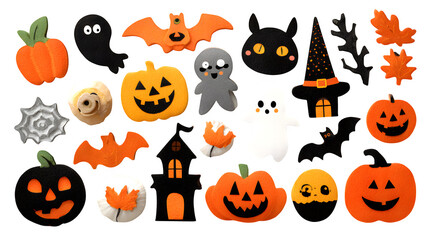 Halloween cutout theme icons arranged with festive detail, isolated on white background