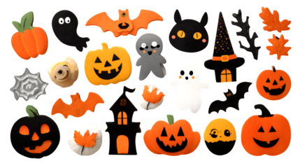 Halloween cutout theme icons arranged with festive detail, isolated on white background