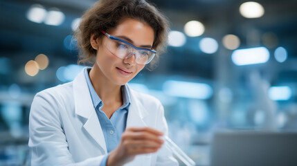 Rocket Fuel Innovation: A chemist analyzing fuel samples in a lab with a test tube a computer and a cleanroom with rocket diagrams. high quality photo ultra high detail 8K res