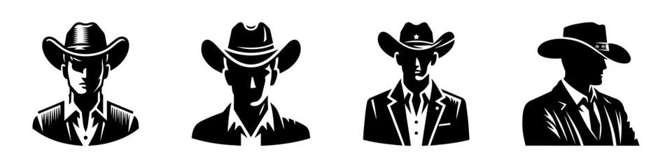Modern Minimalist Man Wearing Cowboy Hat Icon, Flat Silhouette of a Western Figure Vector for Wild West Illustration Design