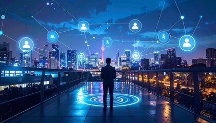 A person gazes over a cityscape at night, linked to digital connections and glowing icons