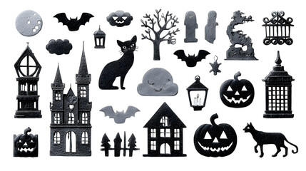 Obraz premium Halloween cutout theme icons arranged with festive detail, isolated on white background