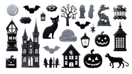 Halloween cutout theme icons arranged with festive detail, isolated on white background