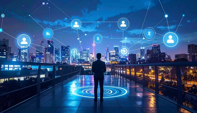 A person gazes over a cityscape at night, linked to digital connections and glowing icons