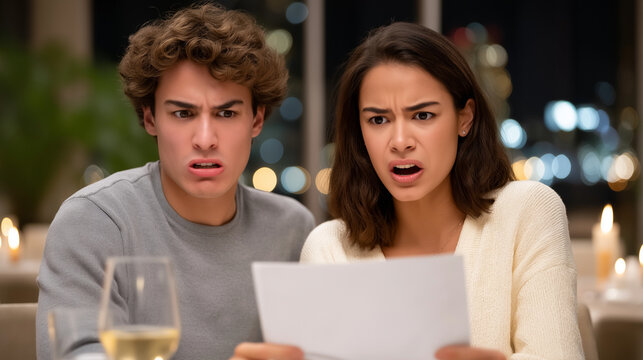 Restaurant Table Dispute: Diners in a restaurant arguing over a bill with a menu a wine glass and a cozy dining area with candles. high quality photo ultra high detail 8K