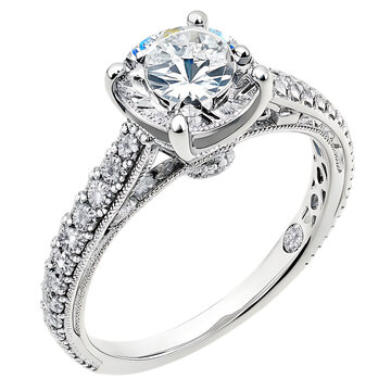 Intricate diamond engagement ring with pave side stones is isolated on a bright transparent background for product displays.