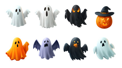 Halloween ghost element set in multiple spooky styles, isolated on white background