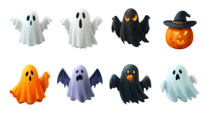 Halloween ghost element set in multiple spooky styles, isolated on white background