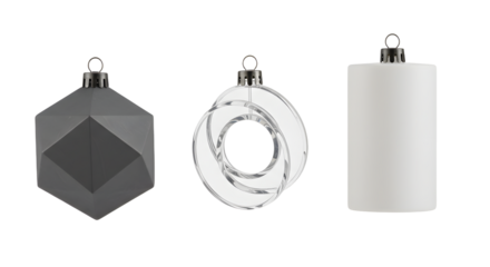 Black geometric, clear ring, and white cylinder Christmas ornaments set on white background, perfect for holiday decoration and minimalist festive themes