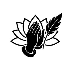 Vector art of praying hands with lotus flower and feather, a symbol of faith, spirituality, and creativity in a minimalist style
