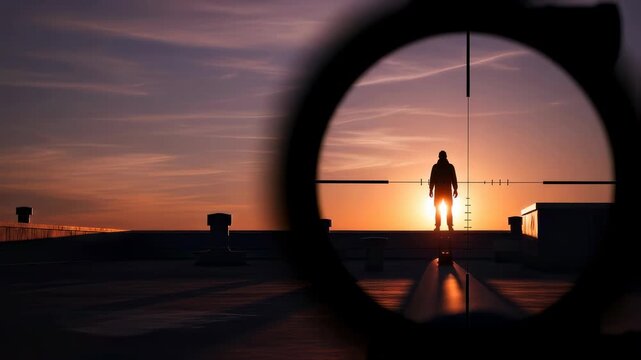Man silhouetted on rooftop with sniper scope crosshairs over sunset, target acquisition and surveillance concept footage.